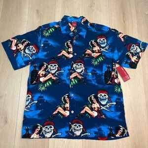 Junction West Pirate Pinup Girl Skull Button Down Shirt Blue Medium Gasparilla